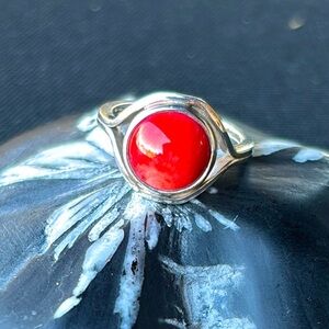 Silver Ring with Red Coral Stone, size 5.5 US